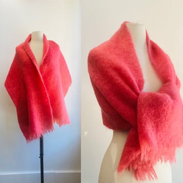 Vintage 60s Mohair Wool Scarf / Shawl Size + Fringe / Salmon Pink / St. Michael + Made in Scotland 