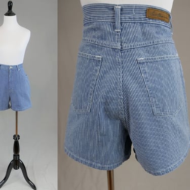 90s Striped Shorts - 32 waist - Blue with White Stripes - High Waisted - Cotton Denim Jean Style - Bill Blass Jeans - Vintage 1990s 
