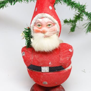 Antique German Santa Candy Container for Christmas, Fur Beard, Feather Tree, Vintage Holiday Decor 