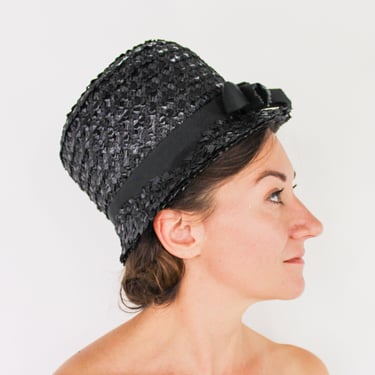 1960s Black Straw Bucket Hat | 60s Black Raffia Woven Hat | Black High Crown Hat | Jackie O | Mr. Charles 