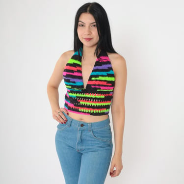 Y2K Crochet Halter Top Black Neon Striped Crop Top Festival Tie Back Knit Vintage Boho Hippie Style V Neck 00s Rave Club Small Medium 