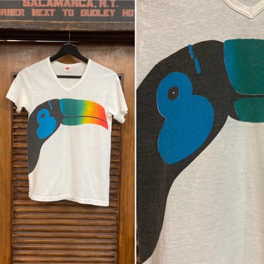 Vintage 1970’s Artwork Toucan Cotton V-Neck Nature T-Shirt, 70’s Tee Shirt, Vintage Clothing 