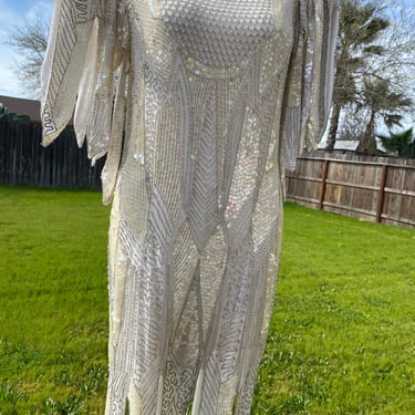 Embellished soft white sequin beaded wedding dress, silk beaded sequin gown, mother of bride bridal scalloped dress gown size small s 