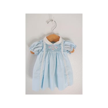 Vintage Baby Girls Dress - Pastel Blue with White Lace and Smocking - Spring Summer Outfit - Size 0 - 3 Months 