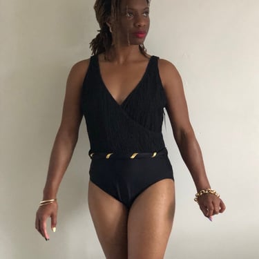 80s Oscar de la Renta swimsuit NWT / vintage deadstock black plunging ruched wrap front gold belted one piece maillot bathing swim suit 