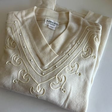 Vintage 80s Cream Abstract Oversized Lambswool V Neck Pullover Sweater 