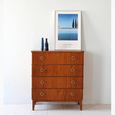 1960s Swedish Mahogany Chest of Drawers with Gold Metal Knobs 