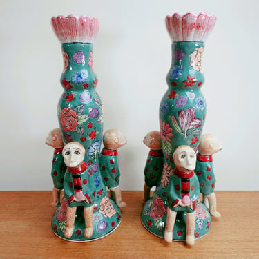 Vintage Chinoiserie Candlestick Holders | Monkeys Lotus Flowers | Hand Painted Made in China 