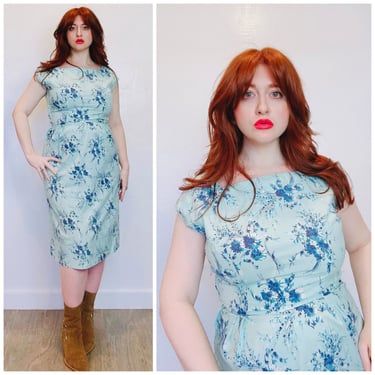 1950s Vintage Baby Blue Floral Wiggle Dress / 50s Fifties Cotton Homemade Dress / Size Large 