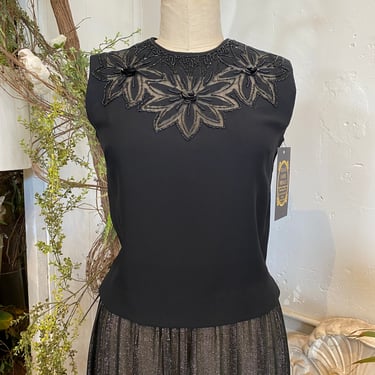 1950s sleeveless top, black rayon, sheer cut out, vintage 50s blouse, beaded top, medium, Joanna, sequin shirt, back zipper, mrs maisel 