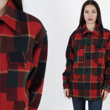 Pendleton Red Plaid Wool Coat, Mens Mackinaw Cruiser Hunting Jacket, Winter Checkered Field Jacket Extra Large XL 