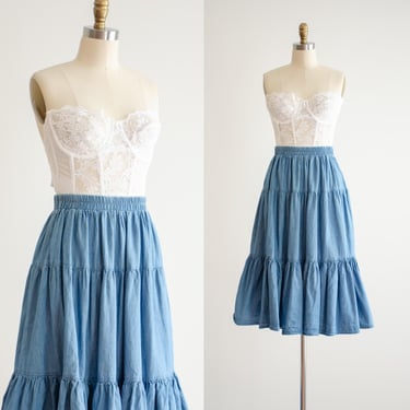 tiered chambray skirt 90s  vintage pleated prairie style ruffled flowy midi skirt 