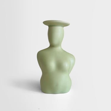 Green Nude Female Figure Bud Vase Artist Signed Donna Polseno Ceramic Studio Pottery 