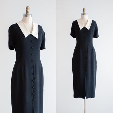 black silk dress 80s 90s vintage minimalist black midi dress 