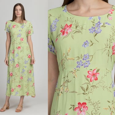 90s Mint Green Floral Maxi Dress - Medium | Vintage Empire Waist Boho Short Sleeve Sundress 