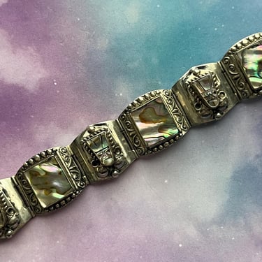 silver and abalone warrior cuff Mexico aztec mayan link bracelet 