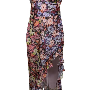 Amanda Uprichard - Purple & Multicolor Floral Print Strapless High-Low Dress Sz L