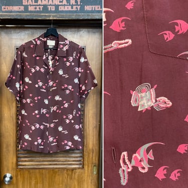 Vintage 1950’s Size L Tropical Fish x Hula Lei Seller Silk Hawaiian Shirt, Nice Design, Loop Collar, 50’s Vintage Clothing 
