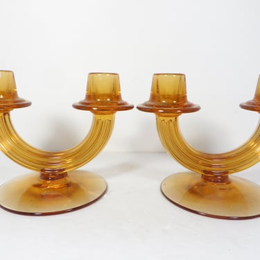 Vintage Fostoria Amber Two Candle Holders - Pair of Art Deco Fostoria Amber Glass Candle Holders 