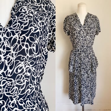 Vintage 1940s Black & White Scribble Print Rayon Dress / XS 