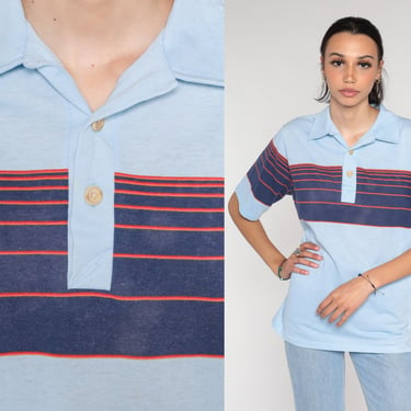 Striped Polo Shirt 80s Baby Blue Collared T-shirt Retro Half Button Up Preppy Basic Casual Navy Orange Lightning Bolt Vintage 1980s Medium 