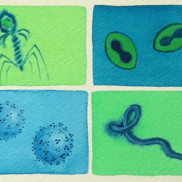 Blue and Green Viruses - original watercolor painting - microbiology art 