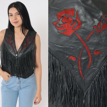 90s Fringe Leather Vest Top Black Floral Rose Cropped Vest Boho Western Hippie Festival Southwestern Rodeo 1990s Bohemian Vintage Medium 