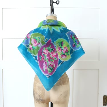 vintage 1950s silk scarf • bright turquoise blue & pink floral fans oversized scarf 