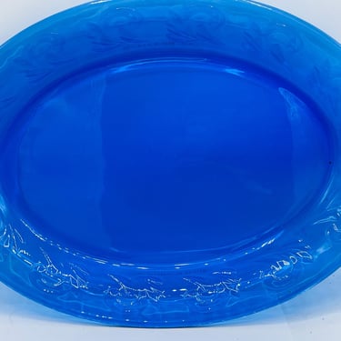 Serving Platter Made in the USA Vintage Clear Blue Glass Platter, Oval 16