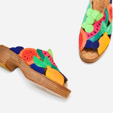 Vintage 80s Leather Fruit Platform Slide Sandals Slides Size 6 by Beverly Feldman 80s Fruit Chunky sandals Slides Mules Shoes Made In Spain 