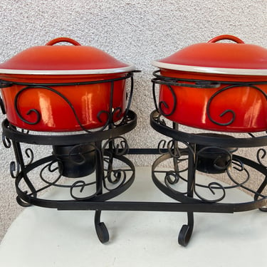 Vintage serving black wrought iron burner stand with orange enamel 2 casserole pots size stand 18” x 11” x 9” 
