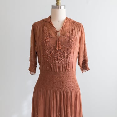 Antique 1920's Hungarian Embroidered Dress in Cocoa Cotton Voile / SM