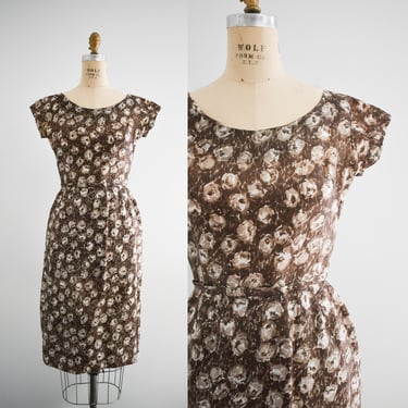 1950s/60s Mocha Brown Satin Floral Dress 