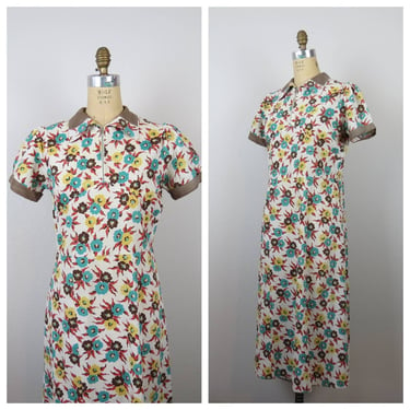 Vintage 1930s, 1940s cotton floral house dress, zip front, feed sack 