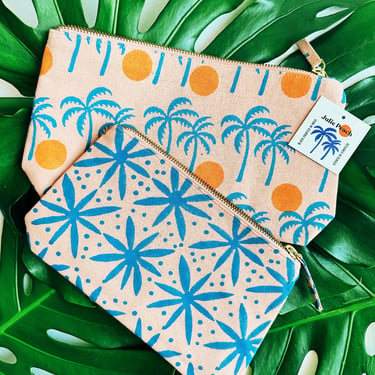 palm sunset set of 2. block printed zipper pouch. makeup bag. pencil case. travel cosmetic. coastal gift for her. PREORDER SHIPS APPX 7/25 