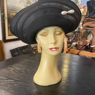 vintage 1980s oscar de la renta hat, designer millinery, black wide brim hat, 80s fashion accessories 