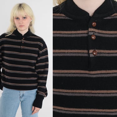 Striped Henley Sweater 90s Black Button Up Knit Pullover Sweater Sweater Retro Slouchy Crewneck Preppy Acrylic Vintage 1990s Large xl 