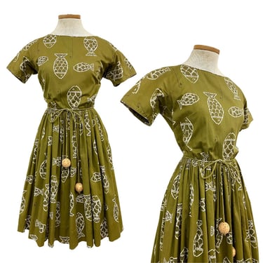 Vtg Vintage 1950s 50s Novelty Print Pinup Cork Olive Green Cotton Dress 