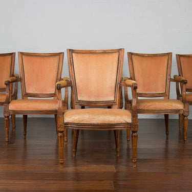 19th Century French Louis XVI Style Oak Brown Mohair Armchairs - Set of 6 