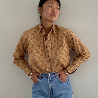 90s Calvin Klein cotton blouse / vintage ochre dijon cotton print paisley pocket shirt blouse | Large 