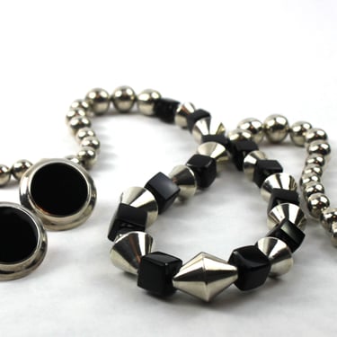 Vintage Taxco Mexico Sterling Silver and Onyx Beaded Necklace and Earrings 