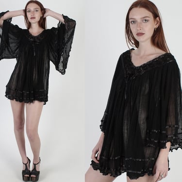 Black Cotton Gauze Micro Mini Dress / Vintage Mexican Crochet Kimono Sleeves / Sheer Angel Bell Sleeves / Womens Vacation Cover Up Dress 