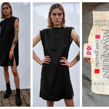 Yves Saint Laurent Dress / Pinstripe Wool Shift Sleeveless Dress / Workwear with Side Slits / Rive Gauche YSL Dress 