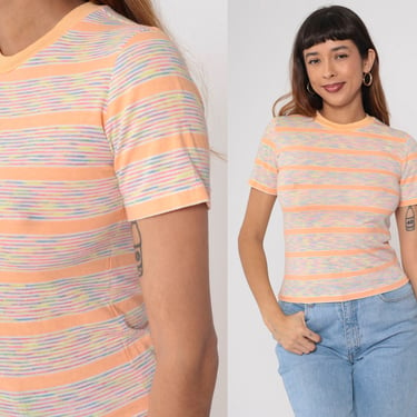 Striped Ringer T-Shirt 80s Peach Baby Tee Shirt Retro Crewneck Tee Casual Short Sleeve Vintage 1980s Tight Rainbow Small 