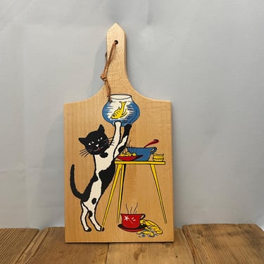 Vintage Cat Wood Cutting Board Kitty Fish Bowl Kitschy Hanging Decorative Gift 