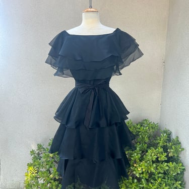 Vintage black chiffon dress midi tiered ruffles Sz 8 small by Jill Richards 