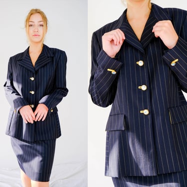 Vintage 90s ESCADA Black & Yellow Pinstripe Power Skirt Suit w/ Iridescent Glass Logo Buttons | Made in Germany | 1990s ESCADA Designer Suit 