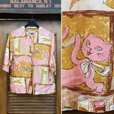 Vintage 1960’s Cartoon Pink Cats Mod Print Blouse Top Shirt, 60’s Button Down, Vintage Clothing 