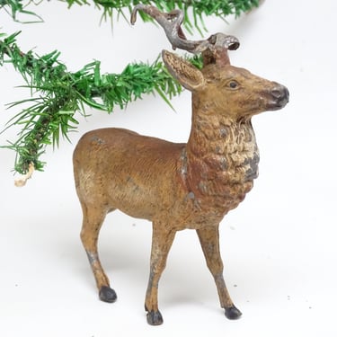 Antique German Metal Reindeer (AS IS) Hand Painted, Toy Lead Deer for Christmas Putz or Nativity Creche 