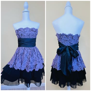 1990s Vintage Betsey Johns Black and Purple Cupcake Dress / 90s Strapless Lace and Pleated Skirt Party Dress / XS / Size 2 